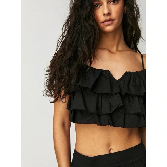 New Free People Danelle Set Two Piece Wide Leg Pants Crop Top Ruffle Black - Picture 3 of 17